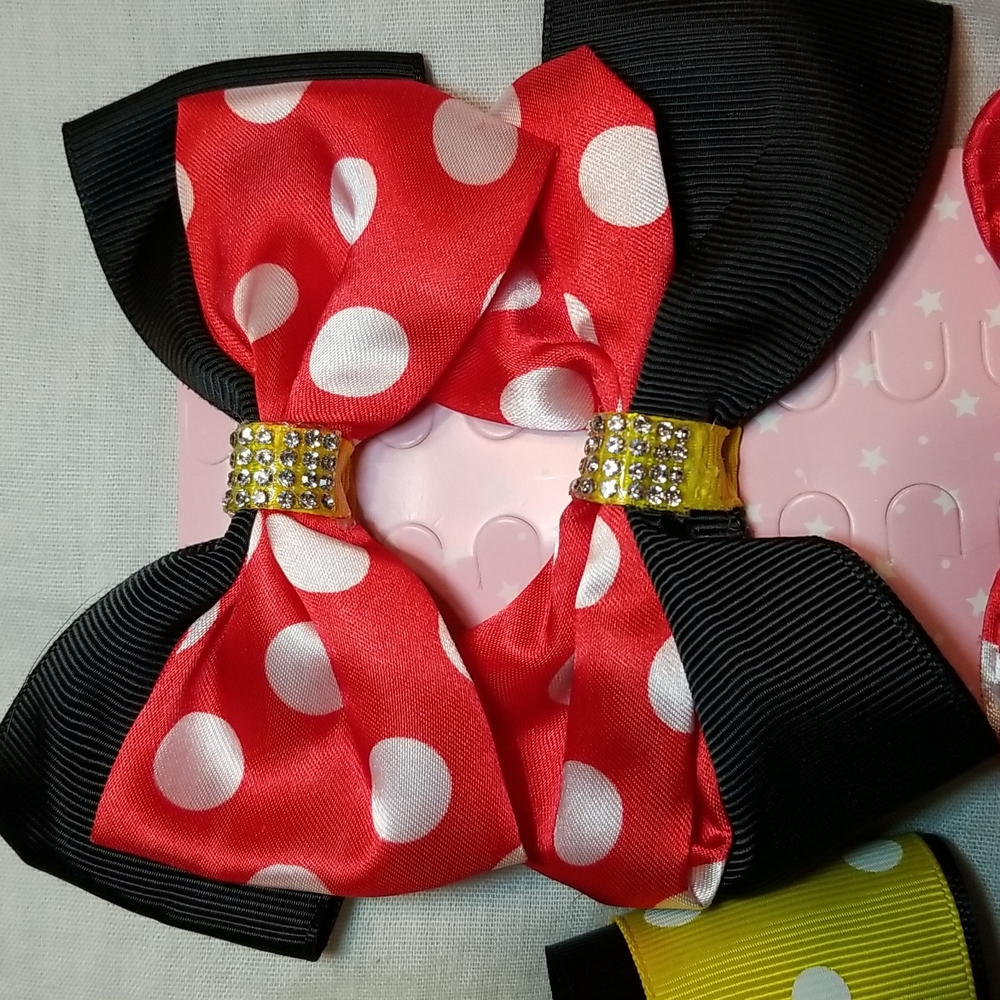 GIRLS MOUSE EARS 6' BOW WITH SEQUINS SET OF PEARL MOUSE CLIPS 4 BOWS - Picture 2 of 10